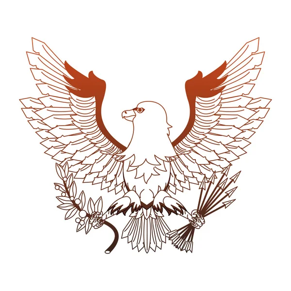 Águila con flechas y hojas de líneas rojas — Vector de stock