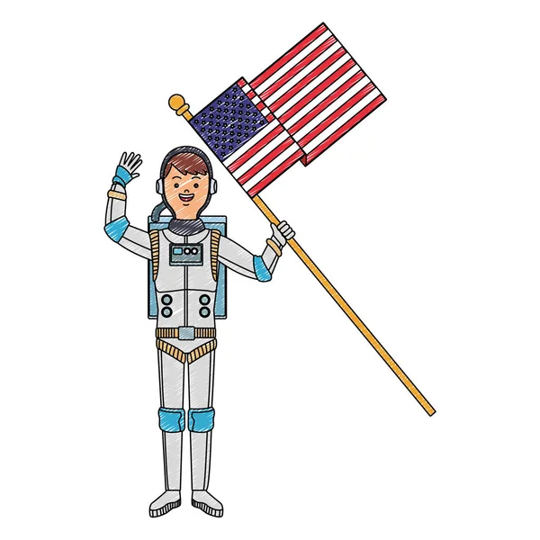 Astronaut with USA flag cartoon scribble — Stock Vector