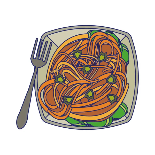 Espaguetis en plato con tenedor líneas azules — Archivo Imágenes Vectoriales
