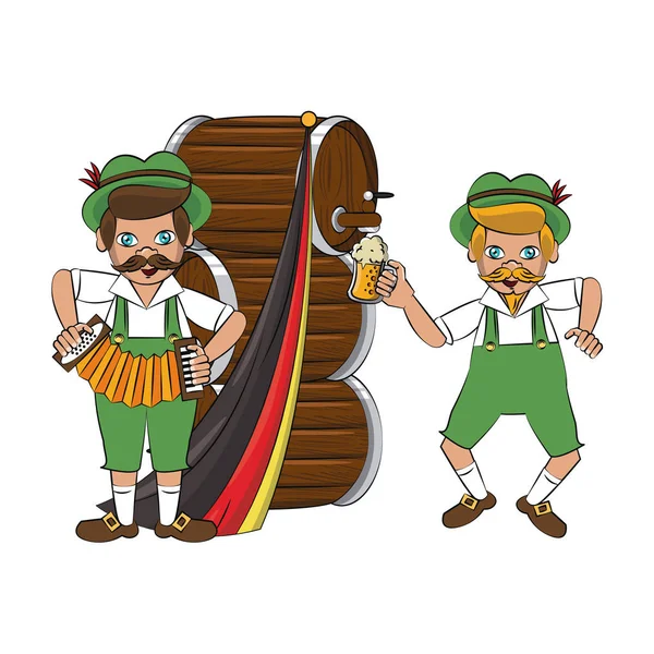 Баварские мужчины с бочками и аккордеоном — стоковый вектор