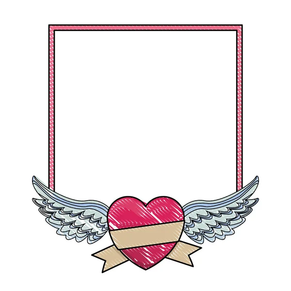 Cadre et coeur avec des ailes gribouillis — Image vectorielle