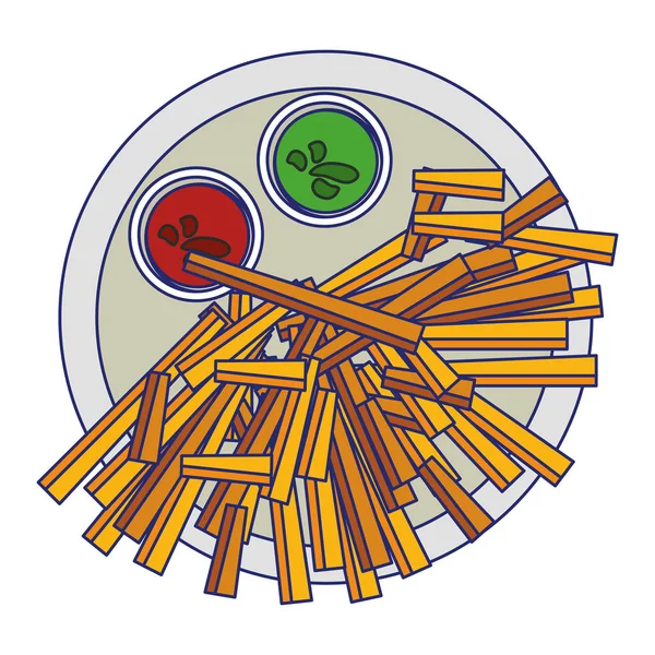 Frech patatas fritas y salsas en el plato de alimentos líneas azules — Vector de stock