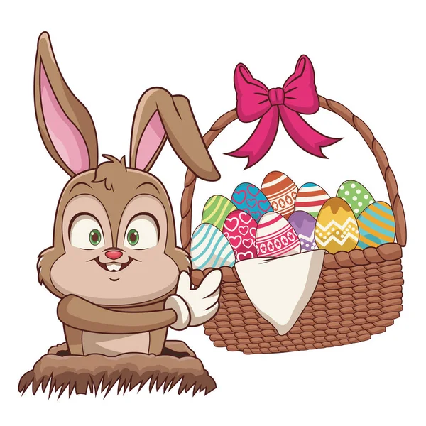 Rabbit with easter eggs in basket — Stock Vector