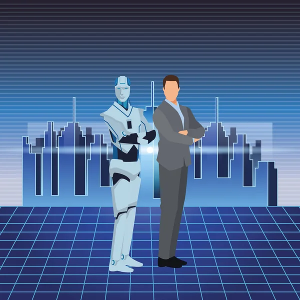 Robô humanóide e homem de negócios — Vetor de Stock