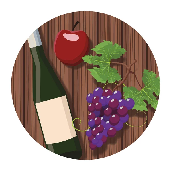 Μπουκάλι κρασιού και μήλο με σταφύλια — Διανυσματικό Αρχείο