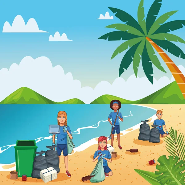 Teenagers cleaning beach — Stock Vector