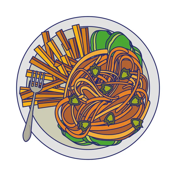 Espaguetis y papas fritas con tenedor alimentos líneas azules — Archivo Imágenes Vectoriales