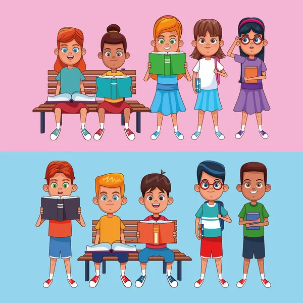 Enfants lisant des livres dessins animés — Image vectorielle