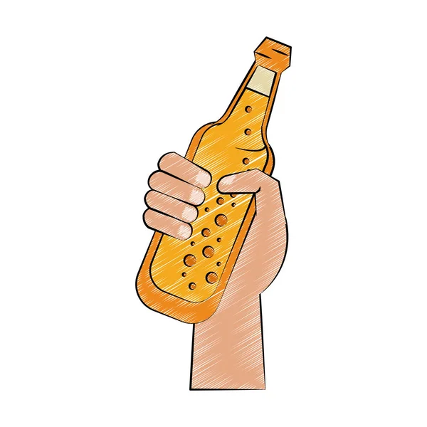 Main avec bouteille de bière gribouiller — Image vectorielle