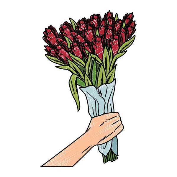 Ręka trzyma kwiaty bukiet pop art bazgrołów — Wektor stockowy
