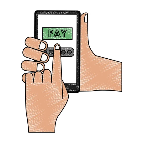 Руки, платящие онлайн со смартфона каракули — стоковый вектор