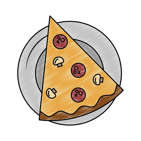 Pizza en plato garabato — Vector de stock