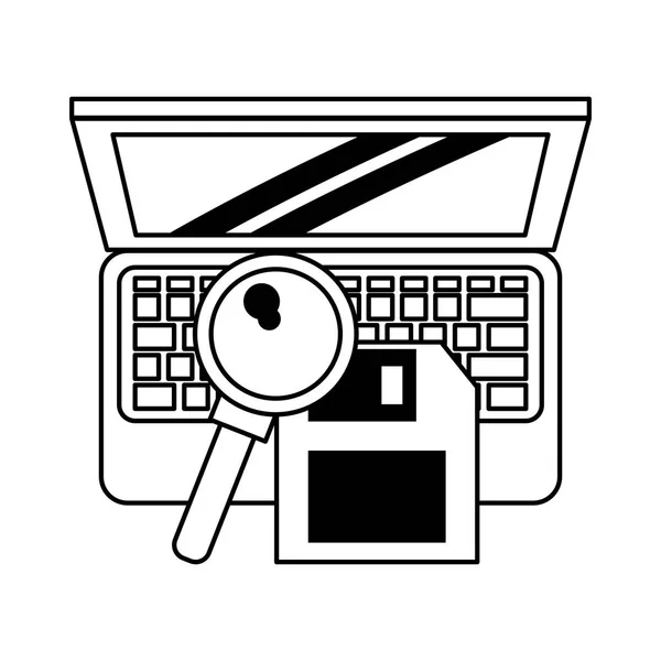 Computador com lupa e documento — Vetor de Stock