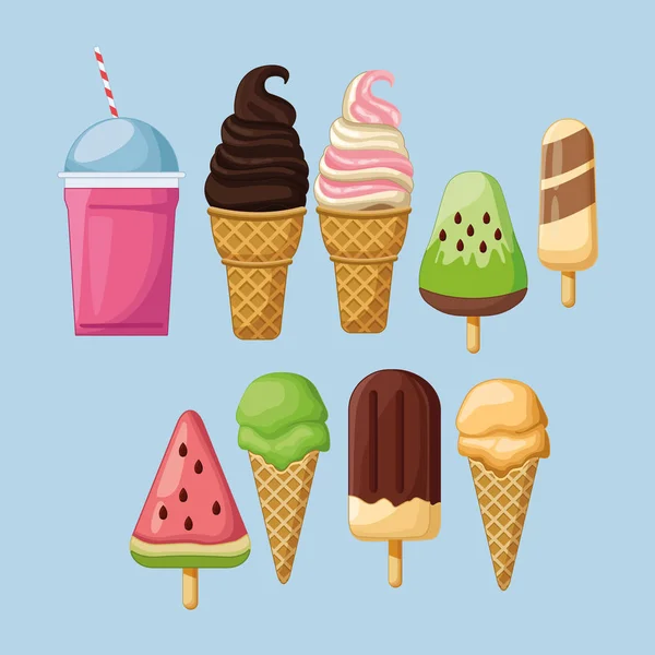 Batidos de helado y helado lolly — Vector de stock