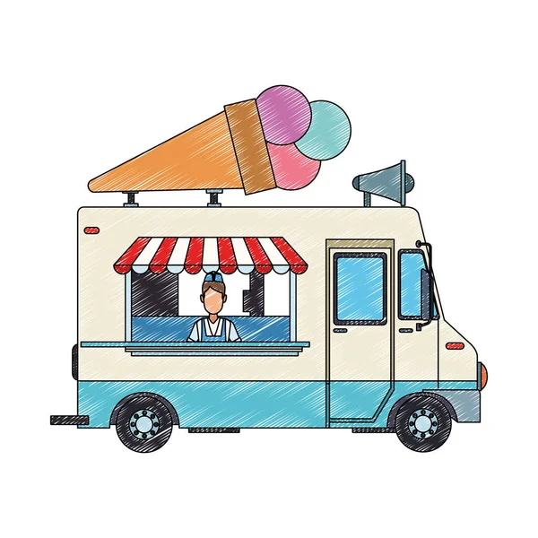 Camión de helados y garabato hombre — Vector de stock