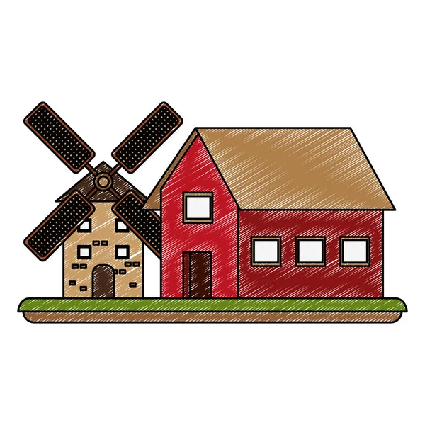 Boerderij en windmolen krabbelen — Stockvector