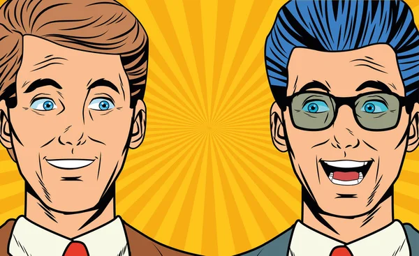 Pop Art Geschäftsleute lächelnde Gesichter Karikatur — Stockvektor