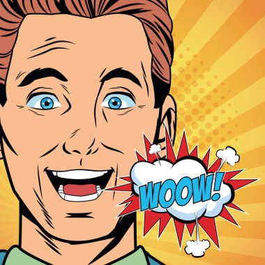 Pop art man wow yüz karikatür söyleyerek