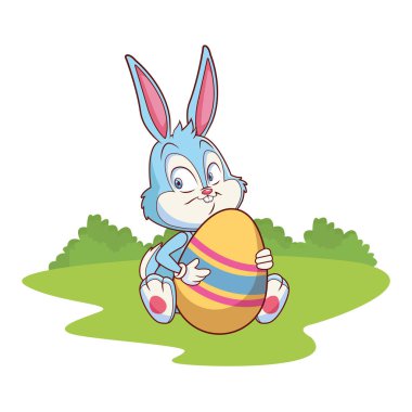 Sevimli paskalya tavşanı kutlama tutan yumurta doğa arka plan çalılar