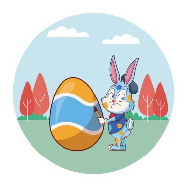Sevimli paskalya tavşanı kutlama sanatçı boyama yumurta bahar doğa arka plan ağaçları