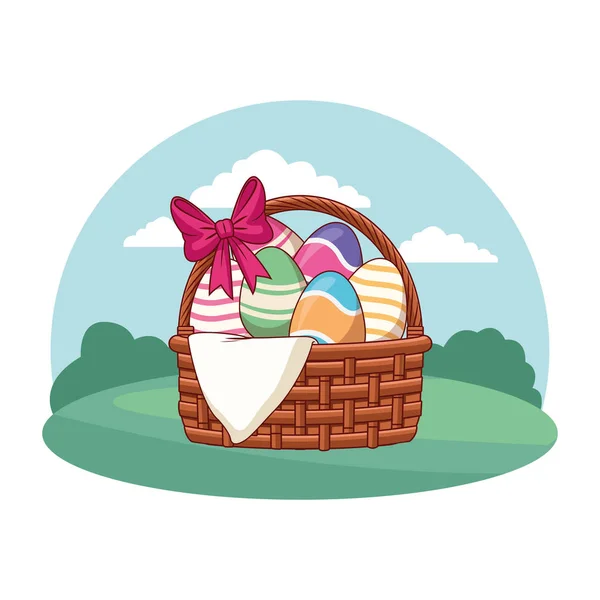 Easter egg basket with ribbon  nature background round frame — Stock Vector