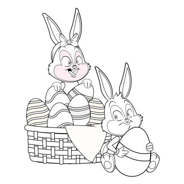 Sevimli paskalya tavşanı mutlu arkadaşlar yumurta sepeti siyah beyaz