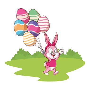 Sevimli paskalya tavşanı kutlama yumurta ballons doğa arka plan çalılar