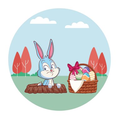 Sevimli paskalya tavşanı kutlama tavşan delik bahar doğa arka plan ağaçları