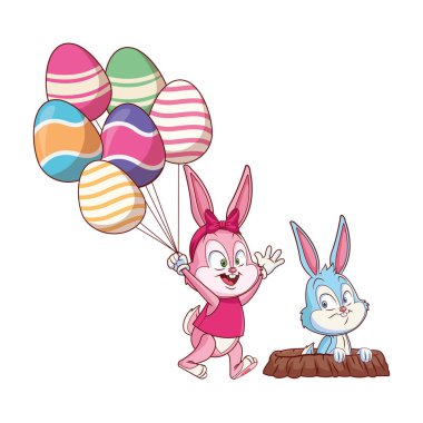 Sevimli paskalya tavşanı mutlu arkadaşlar yumurta ballons