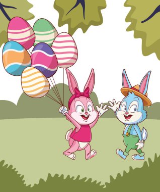 Sevimli paskalya tavşanı mutlu arkadaşlar yumurta ballons bahar doğa arka plan ağaçları