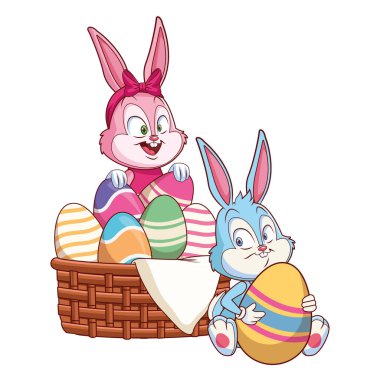 Sevimli paskalya tavşanı mutlu arkadaşlar yumurta sepeti