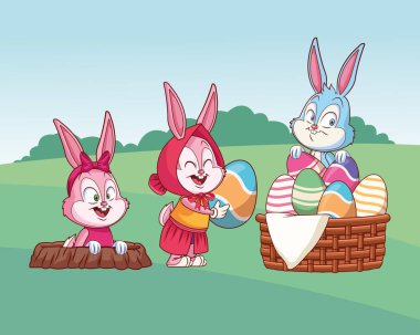 Sevimli paskalya tavşanı mutlu arkadaşlar tavşan deliği doğa arka plan çalılar