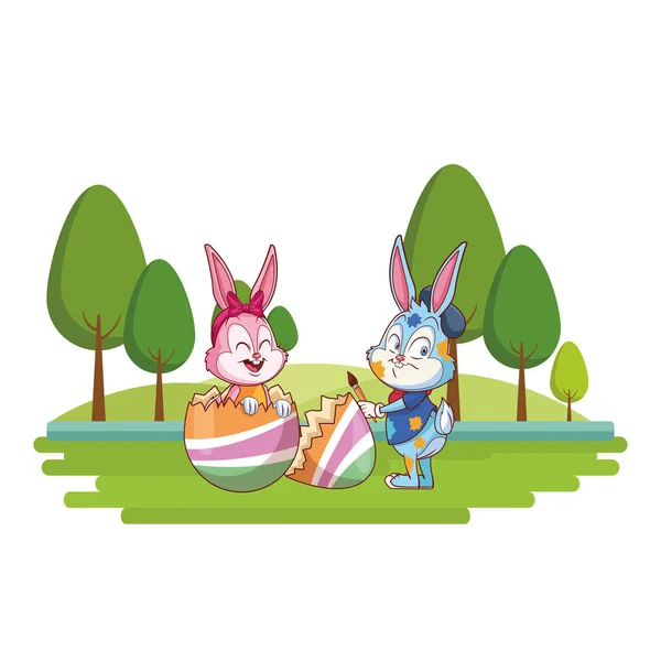 Carino pasqua coniglietto felice amici artista natura sfondo alberi — Vettoriale Stock