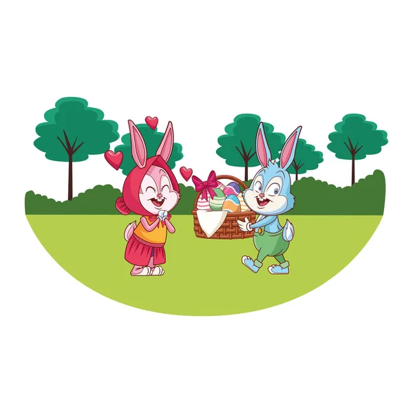 Carino pasqua coniglietto felice amici natura alberi sfondo rotondo cornice — Vettoriale Stock