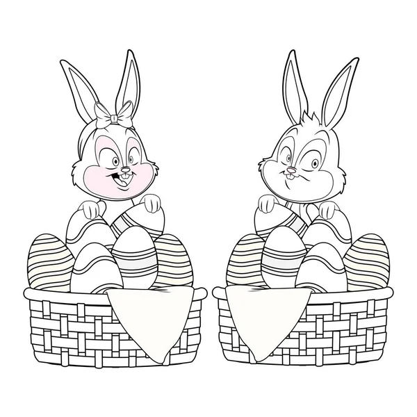 Mignon lapin de Pâques amis heureux paniers d'œufs noir et blanc — Image vectorielle