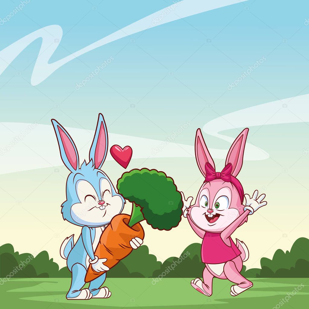 Cute easter bunny happy friends with carrot nature background bushes