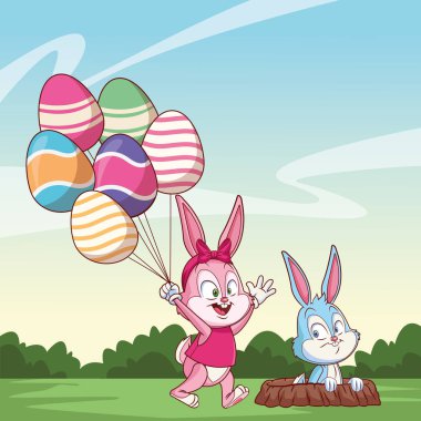 Sevimli paskalya tavşanı mutlu arkadaşlar yumurta ballons doğa arka plan çalılar