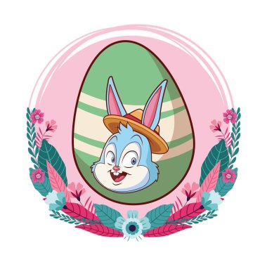 Renkli paskalya yumurtası tavşan portre çiçek çelenk yuvarlak çerçeve