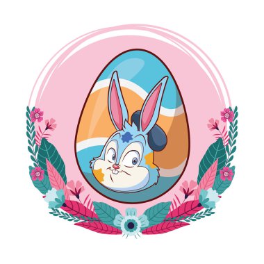 Renkli paskalya yumurtası tavşan portre çiçek çelenk yuvarlak çerçeve