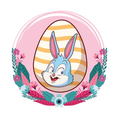 Renkli paskalya yumurtası tavşan portre çiçek çelenk yuvarlak çerçeve