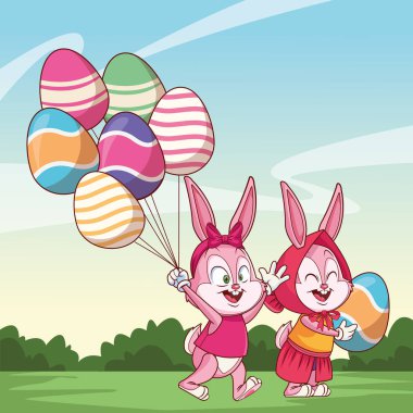 Sevimli paskalya tavşanı mutlu arkadaşlar yumurta ballons doğa arka plan çalılar