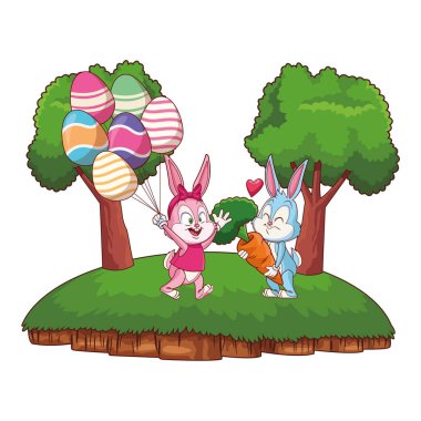 Sevimli paskalya tavşanı mutlu arkadaşlar yumurta ballons doğa arka plan çerçeve ağaçlar