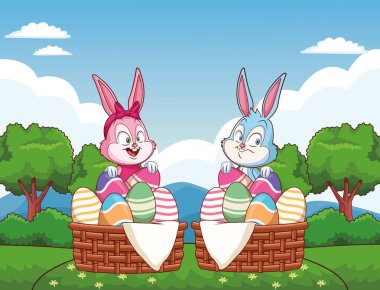 Sevimli paskalya tavşanı mutlu arkadaşlar yumurta sepetleri doğa arka plan ağaçları