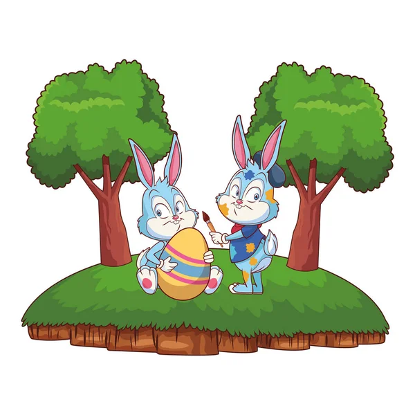 Bonito Páscoa coelho feliz amigos artista natureza fundo quadro árvores — Vetor de Stock