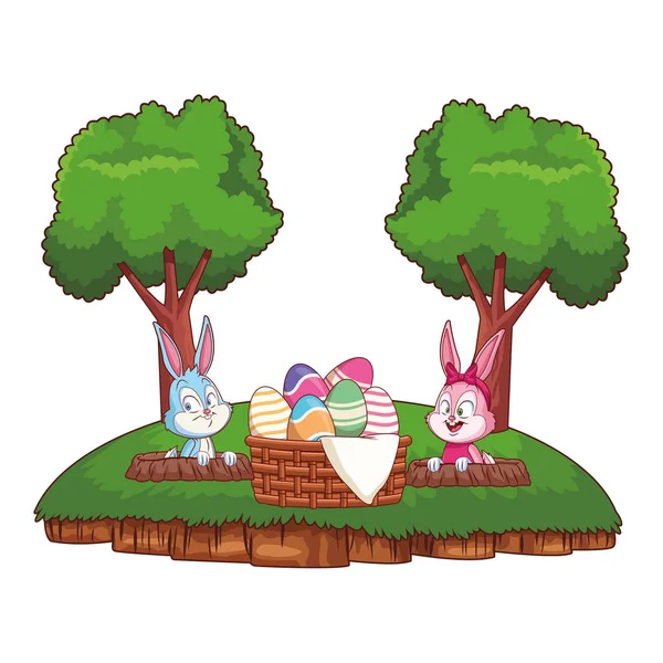 Bonito Páscoa coelho feliz amigos coelho buraco natureza fundo quadro árvores — Vetor de Stock