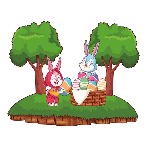 Sevimli paskalya tavşanı mutlu arkadaşlar doğa arka plan çerçeve ağaçlar