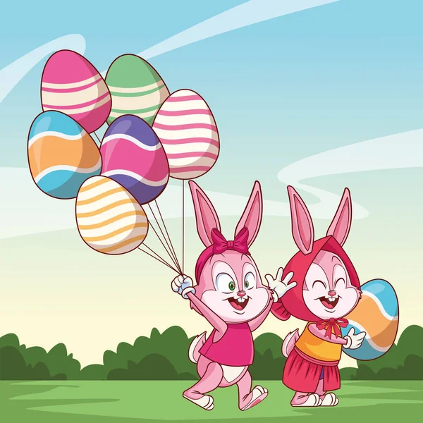 Sevimli paskalya tavşanı mutlu arkadaşlar yumurta ballons doğa arka plan çalılar