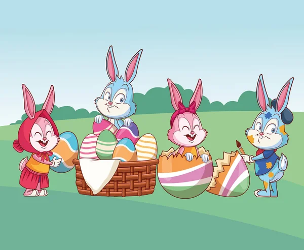 Sevimli paskalya tavşanı mutlu arkadaşlar doğa arka plan çalılar