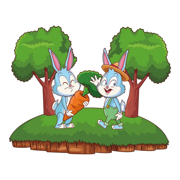 Bonito Páscoa coelho feliz amigos acenando Olá natureza fundo quadro árvores — Vetor de Stock