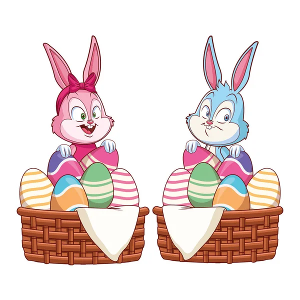 Cute easter bunny happy friends egg baskets — Stock Vector
